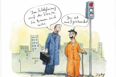 Mann im Schlafanzug, aus dem DEMENSCH Postkartenkalender, Foto: Peter Gaymann, Lizenz: Peter Gaymann